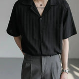 Riolio  Men Casual Cuban Collar Short Sleeve Shirt Vertical Striped Textured Loose Fit Button Down Shirt For Daily Streetwear