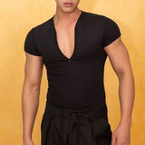 Riolio  Mens T-Shirt Jogging Gym Fitness Zipper Plain T-Shirt Summer Fashion All-Match Slim Short Sleeve Top Men'S Clothing New