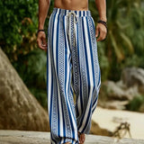 Riolio  Vacation Men Striped Beach Pants Bohemian Geometric Pattern Drawstring Loose Wide Leg Trousers Summer Casual Resort Wear