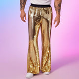 Riolio  Men's Shiny Metallic Sequin Flared Pants Disco Party Bell Bottom Trousers Elastic Waist Sparkly Nightclub Costume