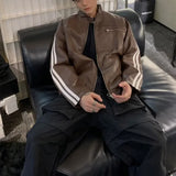Riolio Retro Leather Jacket Men Women  American Patchwork Strip Racing Outerwear Loose Hip Hop Zippers Brown PU Coat Streetwear Spring