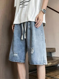 Riolio Summer Baggy Ripped Jorts For Men Y2K Streetwear Denim Shorts Retro Casual Shorts Pants Wide Leg Straight Blue Bermuda Jean