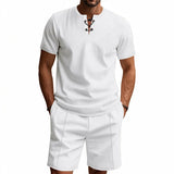 Riolio 2025 Summer Simplicity Men's Suit Loose Walf Checks Fabric Breathable Comfort and Casual Short Sleeve Shorts Two-Piece Suit