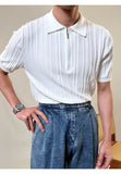 Riolio Zipper Knitted Short-sleeved Polo Shirt Men Summer American Retro Commuting Loose Vertical Striped Pit Strip Lapel T-shirt Men