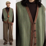 Riolio Loose American Style Trendy Versatile Coffee Color Retro Knitted Cardigan Vest Sweater Vest Vest Men's and Women's Japanese