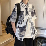 Riolio  Business Casual Fashion Handsome Shirts Streetwear Turn-down Collar Solid Office Button Printing Short Sleeve Men's Clothing