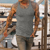 Riolio  Casual Solid Color Woven Tank Tops Men Fashion Slim Fit Crew Neck Sleeveless Vest For Mens Sports Training Fitness Ribbed Tops