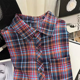 Riolio Checkered shirt men's summer casual loose jacket American trend thin style couple daily versatile retro plaid short sleeve shirt