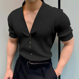 Riolio Men T Shirt Solid V Neck Short Sleeve Button Casual Men Clothing Streetwear Summer Korean 2024 Stylish Tee Tops S-5XL