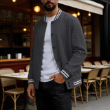 Riolio  Men's Cable Knit Varsity Jacket Striped Collar Cuff Button Down Baseball Bomber Jacket Casual Knit Cardigan Coat