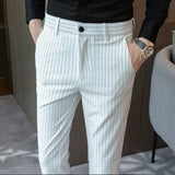 Riolio  Autumn England Style Striped Suit Pants Casual Men Chic Business Slim Thin Elastic Bodycon High Street Gothic Cropped Trousers