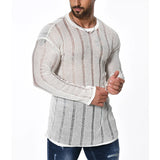 Riolio Sexy See Through Knitted T Shirt Mens Long Sleeve O Neck Slim Stretch Knit Tops For Men Casual Breathable Solid Color Pullovers