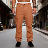 Riolio  Men's Cargo Pants Multi Pocket Solid Color Button Waist Casual Outdoor Work Trousers for Men