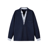 Riolio  American Retro Money Style Long Sleeve Casual V-Neck Men's Shirt Autumn Versatile Top for Couples Fake Two-Piece Design