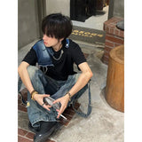 Riolio American summer high street men and women trendy denim patchwork round neck short sleeved couple hip-hop loose casual T-shirt