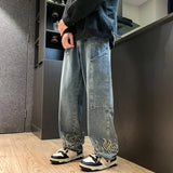 Riolio  Spring New Personality Embroidery Men's Baggy Jeans Streetwear Loose Straight Denim Trousers Male Brand Clothing