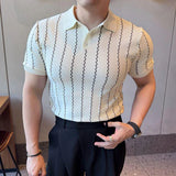 Riolio  Spring Summer New Casual Mens Polo Shirt Vintage Striped Crochet Buttoned Polo Neck Knit Tops Men Fashion Slim Fit Polos