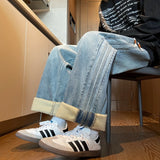 Riolio  Winter Velvet Wide Leg Jeans Side Striped Straight Casual Fashion Denim Trousers Hip Hop Streetwear Warm Pants Plus Size 8XL-M