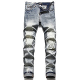 Riolio Small Korean Version Of Jeans With Holes, Trendy Print, Elastic Slim Fit, And Small Leg Men's Pants