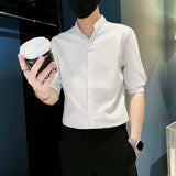 Riolio  Striped Shirt New Men Summer Casual Thin Stand-up Collar Cardigan Five-sleeved Top
