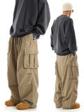 Riolio  Men Big Pocket Cargo Pants Elastic Drawstring Waist Loose Wide Leg Streetwear Casual Work Trousers