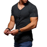 Riolio Summer New Cotton Blended Men's Fashion Casual T-shirt V-neck Thin Solid Color T-shirt Sports Street Loose Top