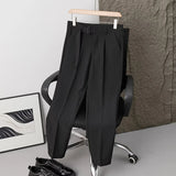 Riolio  Men Pleated Dress Pants with Belt Business Casual Non-Iron Straight Trousers Male Solid Color Ankle Length Office Work Pants