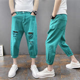 Riolio Korean Ankle-Length Distressed Jeans Men White Breathable Slim Fit Ripped Denim Pants Four Season Narrow Leg Harem Male Trousers