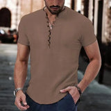 Riolio New Men's Short Sleeve Tshirt V neck button Cotton Linen Shirt Men's Casual Clothes Popular Tops for Men