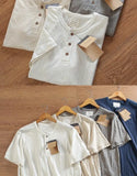 Riolio Bamboo Joint Cotton Shirt Breathable Henry Neck Tough Guy Casual Short-sleeved T-shirt Men's Summer Sports Retro Top