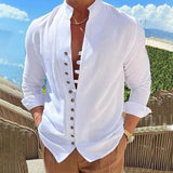 Riolio Spring and Autumn 100%Cotton Linen Hot Sale Men's Long-Sleeved Shirts Solid Color Stand-Up Collar Casual Style Plus Size