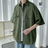 Riolio Working Pocket Solid Color Pure Cotton Short-sleeved Shirt Fashionable Summer Lapel Button Functional Half-sleeved Cardigan