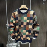 Riolio Autumn Winter New Fashion Round Neck Long Sleeve Hoodies Men's Clothing Printing Plaid Simplicity Trend Temperament Knitting Top