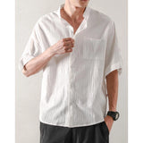 Riolio  New Summer Men Vintage Clothes Stand Collar Solid Casual Cotton Linen Shirts Male Short Sleeve Loose Tops Camisas De Hombre