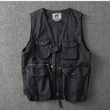 Riolio Loose Camouflage Workwear Vest Multi-ket Outdoor Fiing Jaet Youth Stand Fit V-Ne Single Button Closure Workwear