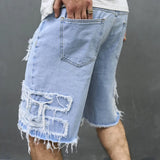 Riolio Summer Men High Street Ripped Patch Denim Shorts Stylish Solid Casual Male Straight Jeans Shorts