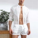 Riolio men summer outfits Hollow Out Sexy Lace Suit Fashion Long Sleeve Shirt Casual Shorts Men'S Clothing Suit Solid Color Matching Summer Suit For Male