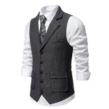 Riolio Men's Retro Lapel Chain Vest Fashion Herringbone Coarse Tweed Pockets Suit Vest British Casual Vintage Gentleman Leisure Party