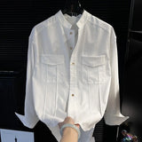 Riolio  Men Stand Collar White Solid Shirt Simple Niche Loose Thin Casual Handsome Trendy Spring Long Sleeve Top