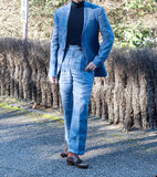 Riolio  Men's Suit 2 Pieces Blazer Pants One Button Peaked Lapel Business Formal Linen Denim Slim Wedding Groom Tailored