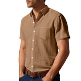 Riolio Summer New Solid Color Linen Men's Shirt Turn-down Collar Short Sleeve Men's Loose Casual Pocket Outdoor Vacation Shirt