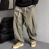 Riolio  Men Drawstring Loose Curved Wide Leg Casual Cargo Pants
