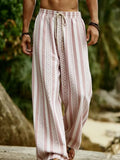 Riolio  Vacation Men Striped Beach Pants Bohemian Geometric Pattern Drawstring Loose Wide Leg Trousers Summer Casual Resort Wear
