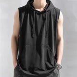 Riolio  Summer Autumn Man Ice Silk Quick Dry Fit Hooded Tank Top Sweatshirt American Dark Basketball Sports Sleeveless Vest