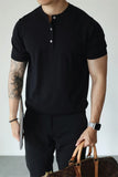 Riolio New Fashion American Style Men T-shirt Light Luxury Knitted Henry Collar Tees Casual Solid Color Short Sleeve Breathable Tops