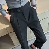 Riolio British Style Men High Waist Casual Dress Pant Men Belt Design Slim Trousers Formal Office Social Wedding Party Dress Suit Pants