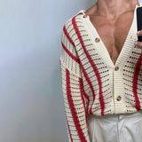 Riolio  Fashion Stitching Contrast Knitted Cardigan Men's Lapel Collar Niche Design Retro Sweater Unisex Coat Versatile Striped Knitwear
