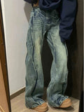 Riolio American Decosition Splicing Retro Blue Denim Pants High Street Hiphop Design Straight Leg Jeans for Teenagers Spring Season