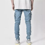 Riolio  Stylish Tide Brand Men Cargo Narrow Leg Denim Pants Elastic Slim Fit Jeans Solid Color Multi Pockets Casual Skinny Male Trousers