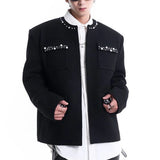 Riolio  Mens Y2k Faux Pearl Detail Padded Shoulder Casual Jacket Autumn Streetwear Fashion Minimalist Youth City Boy Outerwear